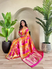 Attractive Benarasi Silk Multi Color Orange Pink Saree
