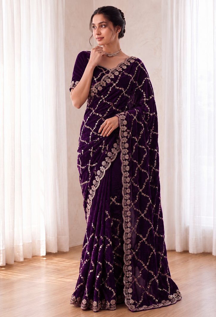Fandy Satin Silk Saree with Rose Gold Beads Work