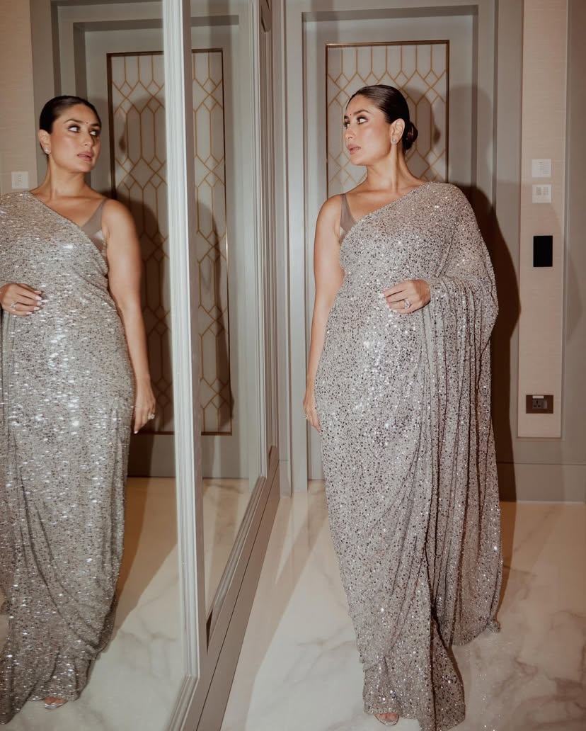 Celebrity Style Georgette Grey Color Saree