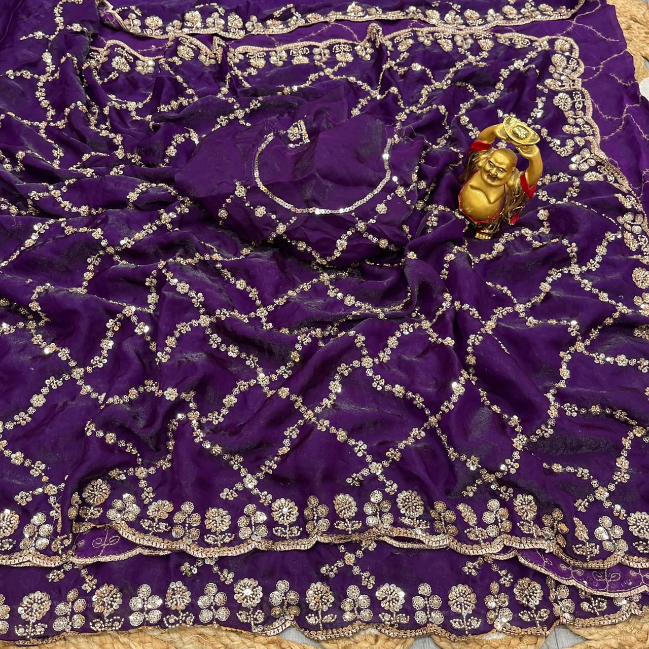 Fandy Satin Silk Saree with Rose Gold Beads Work