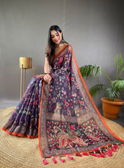 Preferable Cotton Kalamkari Prints Blue Color Saree