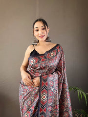 Classic Digital Print Silk Grey Color Saree