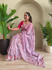Awesome Embroidery Work Lavender Color Saree