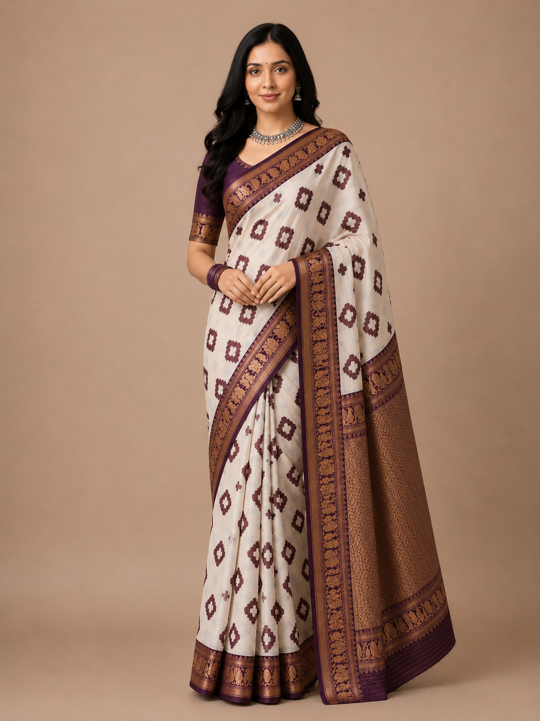 Soft Linen Cotton Saree with Golden Zari Border