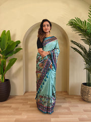 Precious Kalamkari Print Teal Blue Color Saree