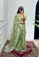 Fantastic Embroidery Zari Work Green Color Saree