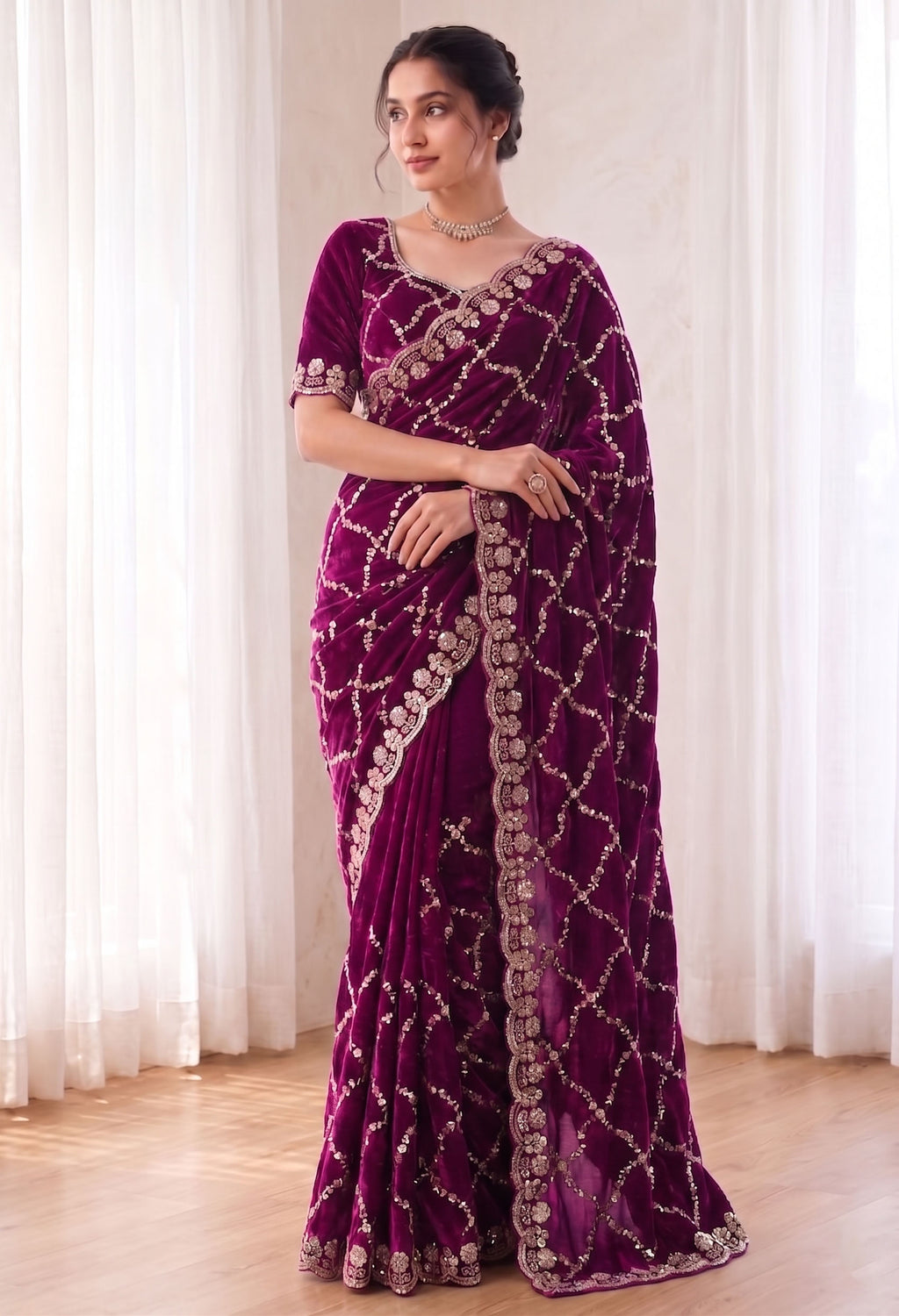 Fandy Satin Silk Saree with Rose Gold Beads Work