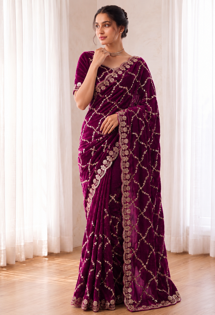 Fandy Satin Silk Saree with Rose Gold Beads Work