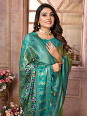 Outstanding Banarasi Tissue Silk Pista And Teal Blue Color Saree