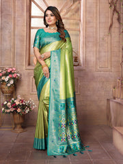 Outstanding Banarasi Tissue Silk Pista And Teal Blue Color Saree