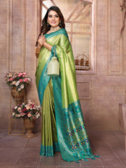 Outstanding Banarasi Tissue Silk Pista And Teal Blue Color Saree