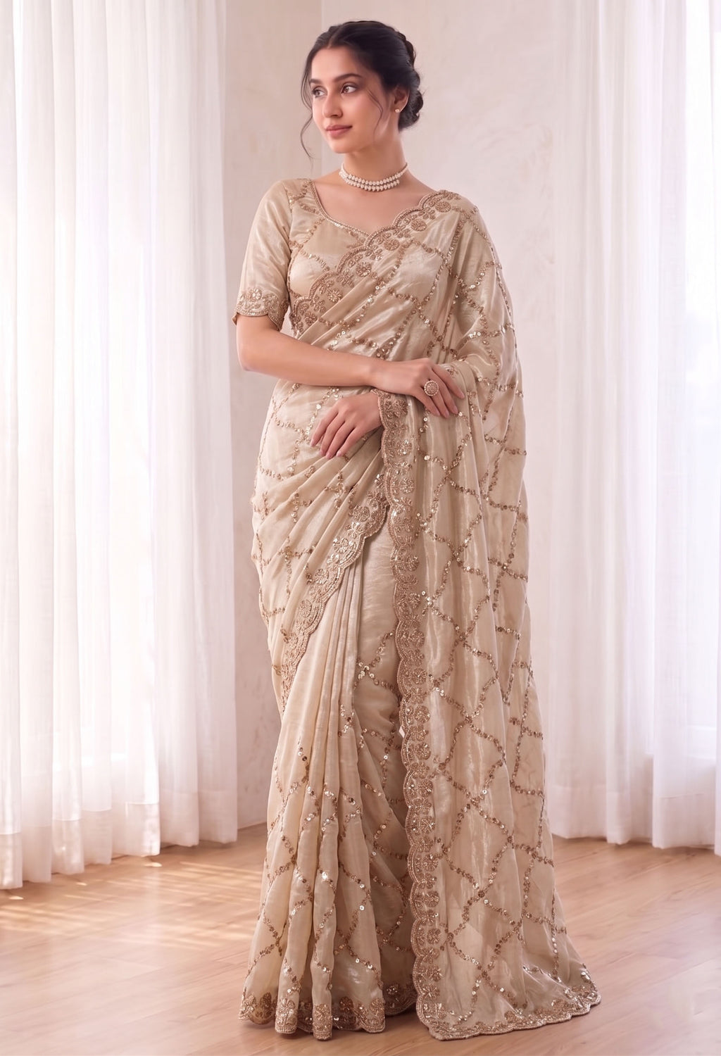 Fandy Satin Silk Saree with Rose Gold Beads Work