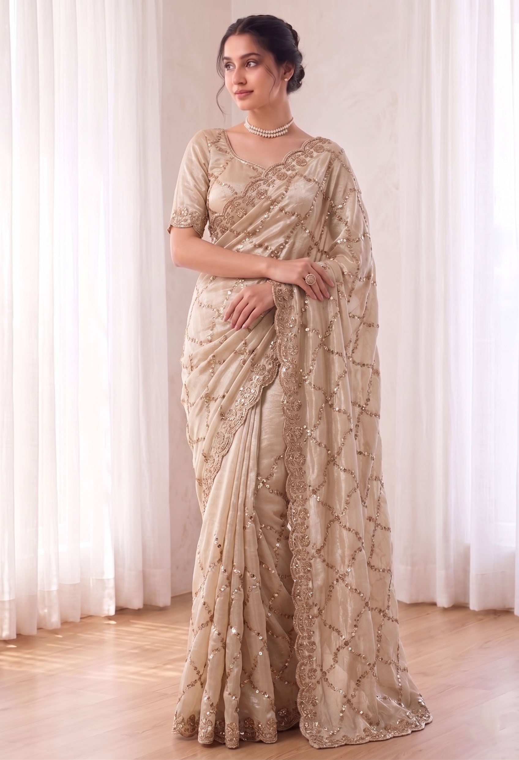 Fandy Satin Silk Saree with Rose Gold Beads Work