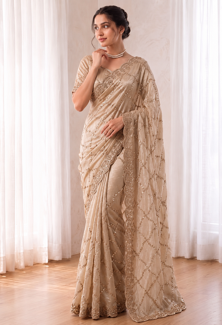 Fandy Satin Silk Saree with Rose Gold Beads Work