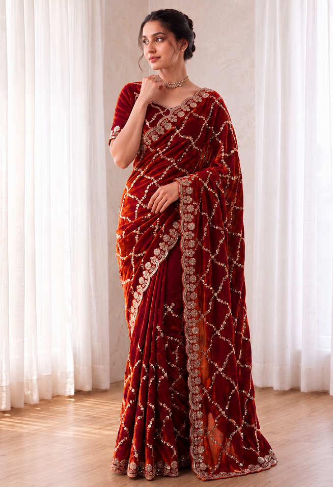 Fandy Satin Silk Saree with Rose Gold Beads Work