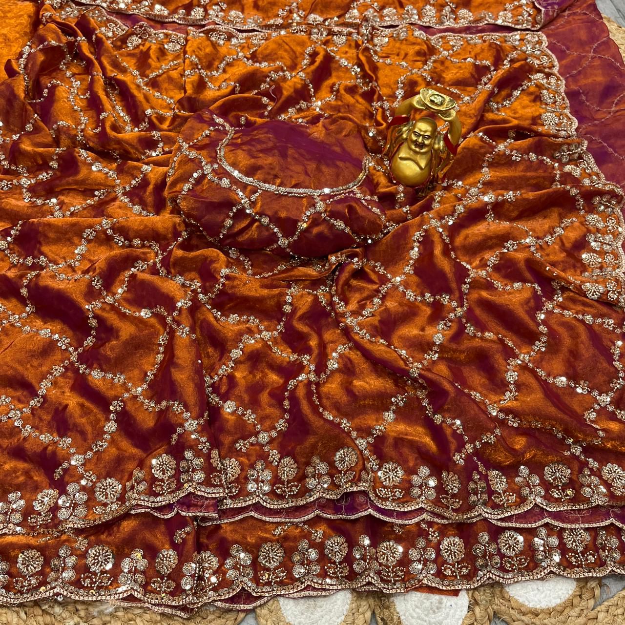 Fandy Satin Silk Saree with Rose Gold Beads Work