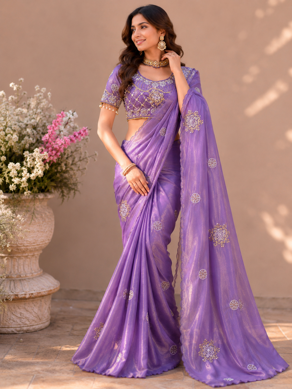 Fandy Satin Silk Handwork Saree with Stitched Blouse