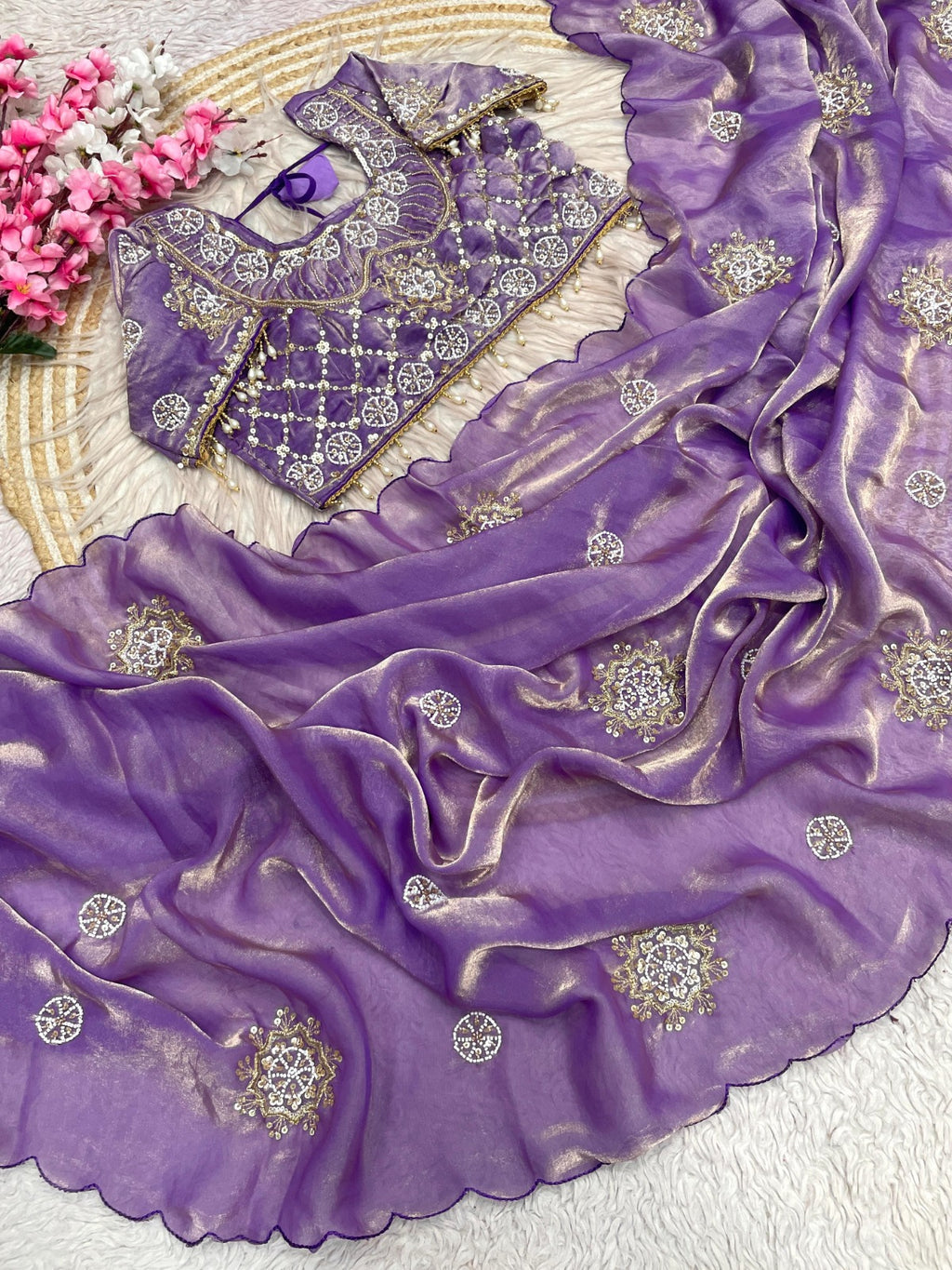 Fandy Satin Silk Handwork Saree with Stitched Blouse