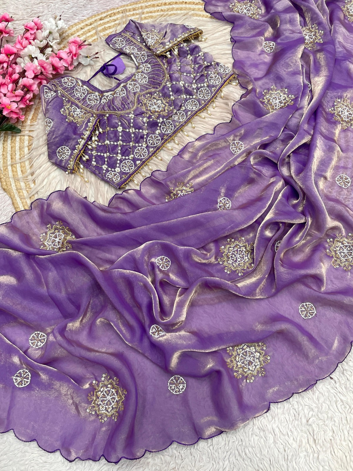 Fandy Satin Silk Handwork Saree with Stitched Blouse