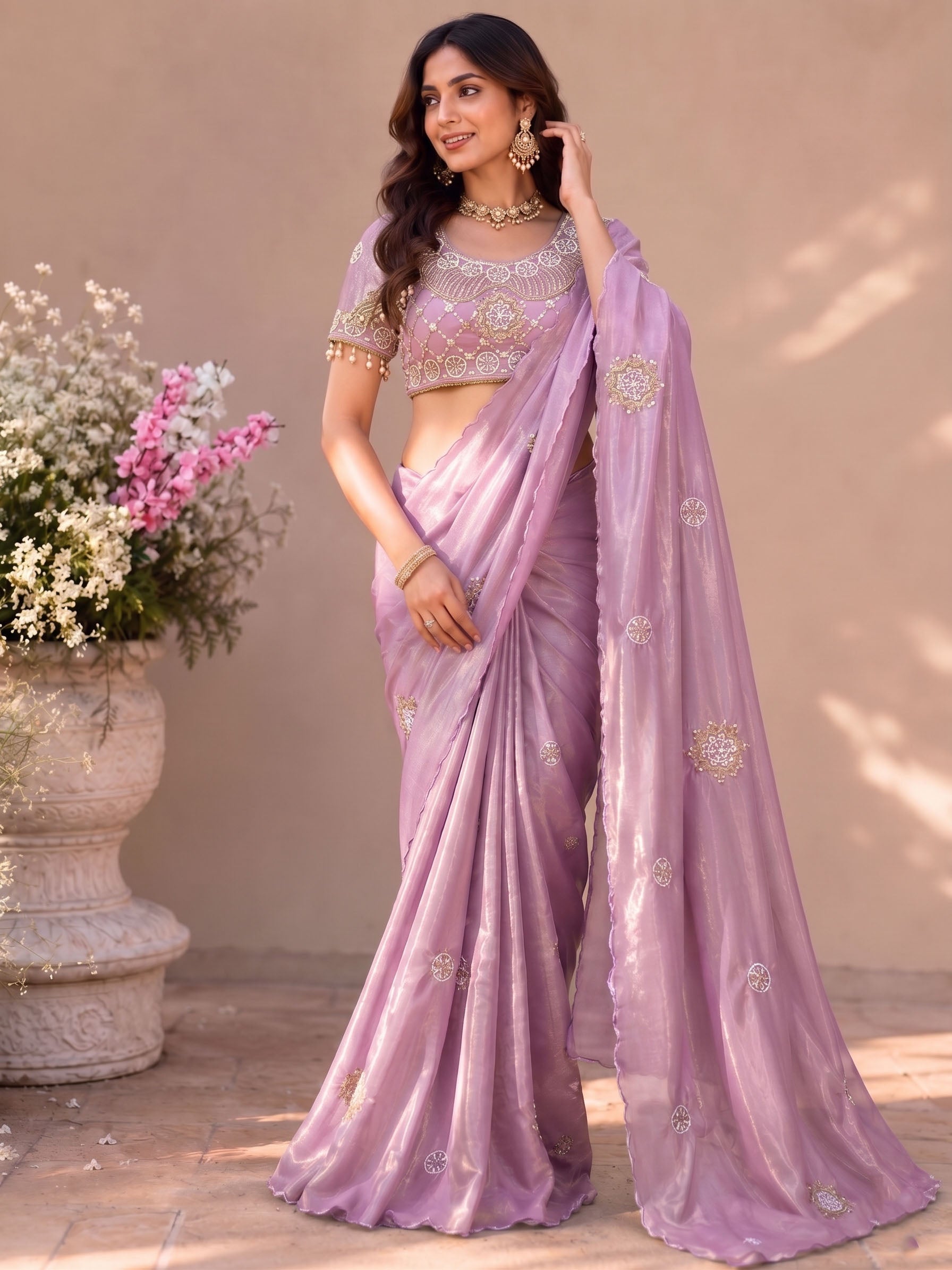 Fandy Satin Silk Handwork Saree with Stitched Blouse Secondary image