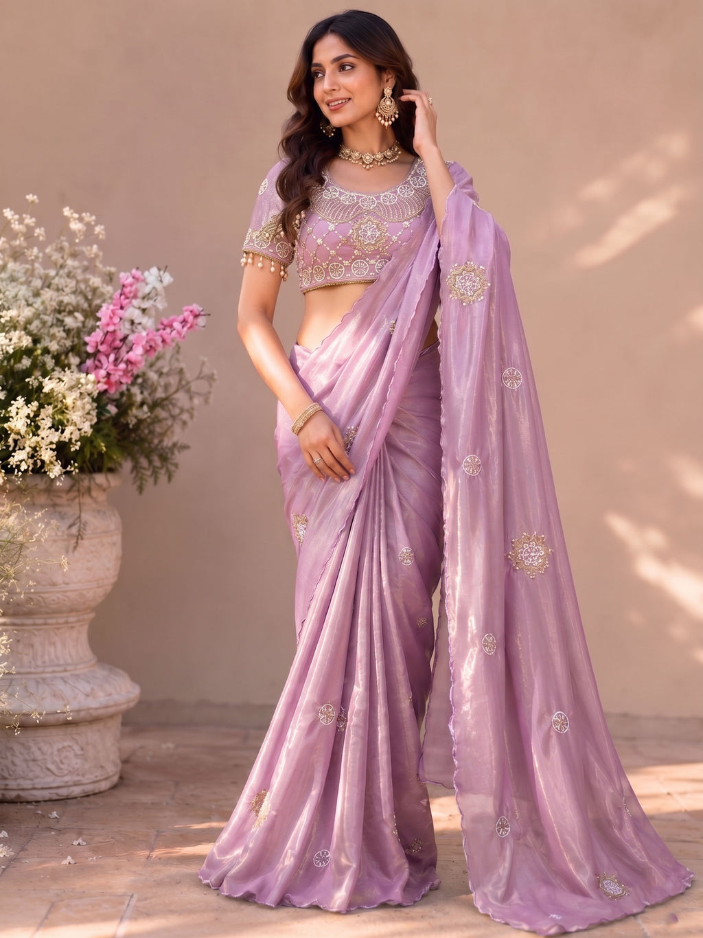 Fandy Satin Silk Handwork Saree with Stitched Blouse