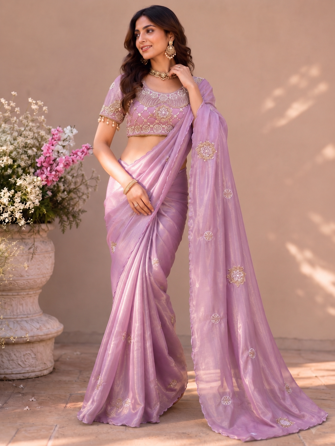 Fandy Satin Silk Handwork Saree with Stitched Blouse