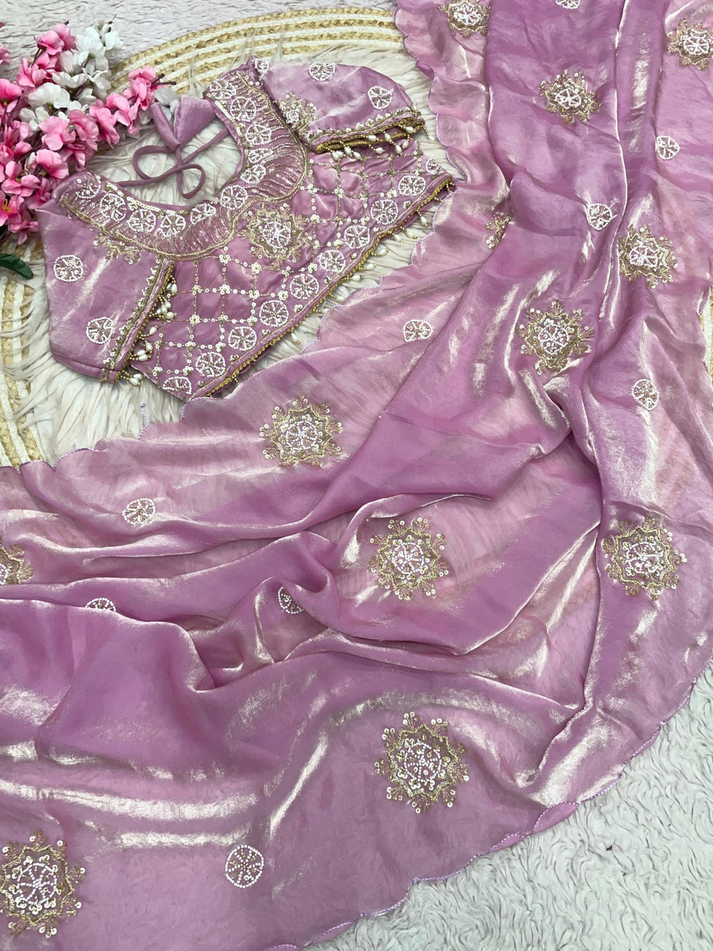 Fandy Satin Silk Handwork Saree with Stitched Blouse