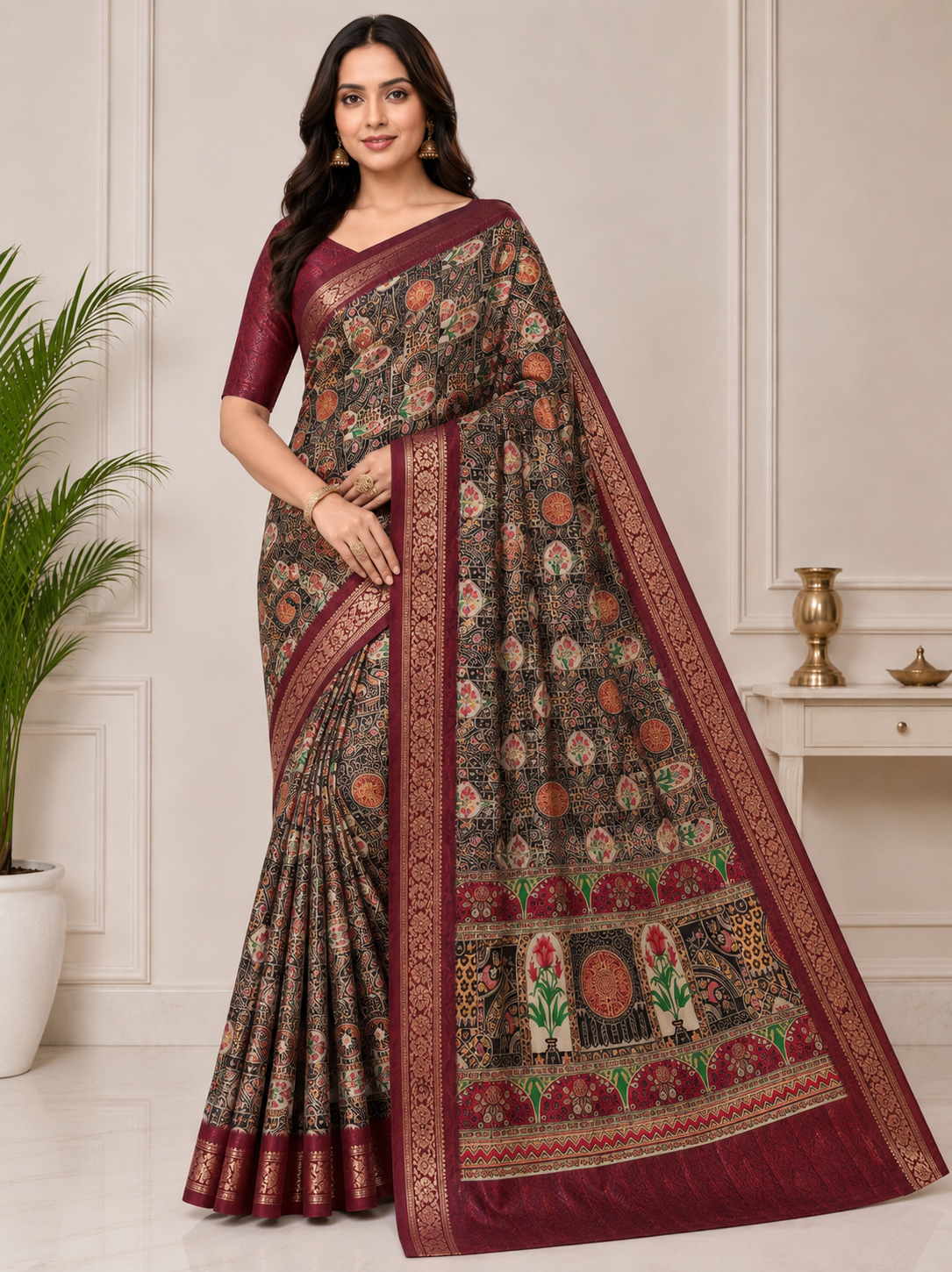 Kalamkari Silk Blend Saree with Zari Border