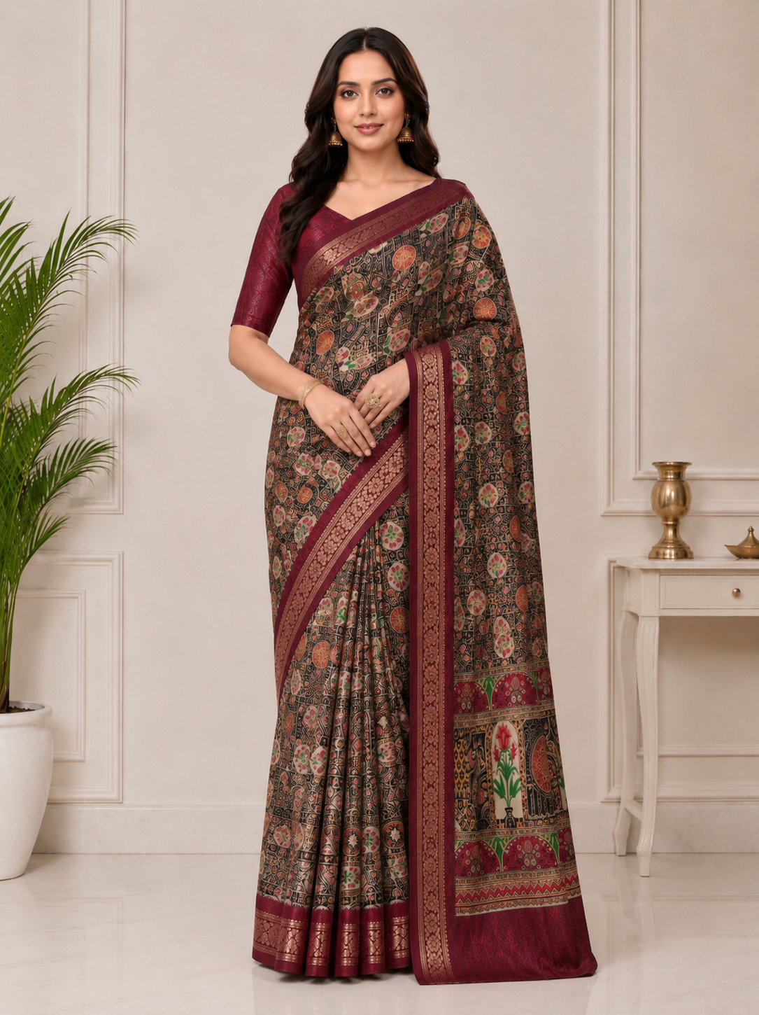 Kalamkari Silk Blend Saree with Zari Border