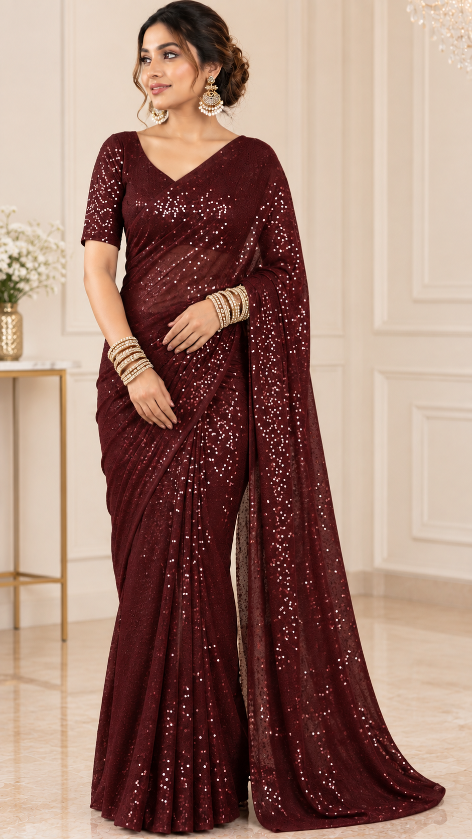 Festive Elegance Maroon Sparkle Georgette Saree Main image