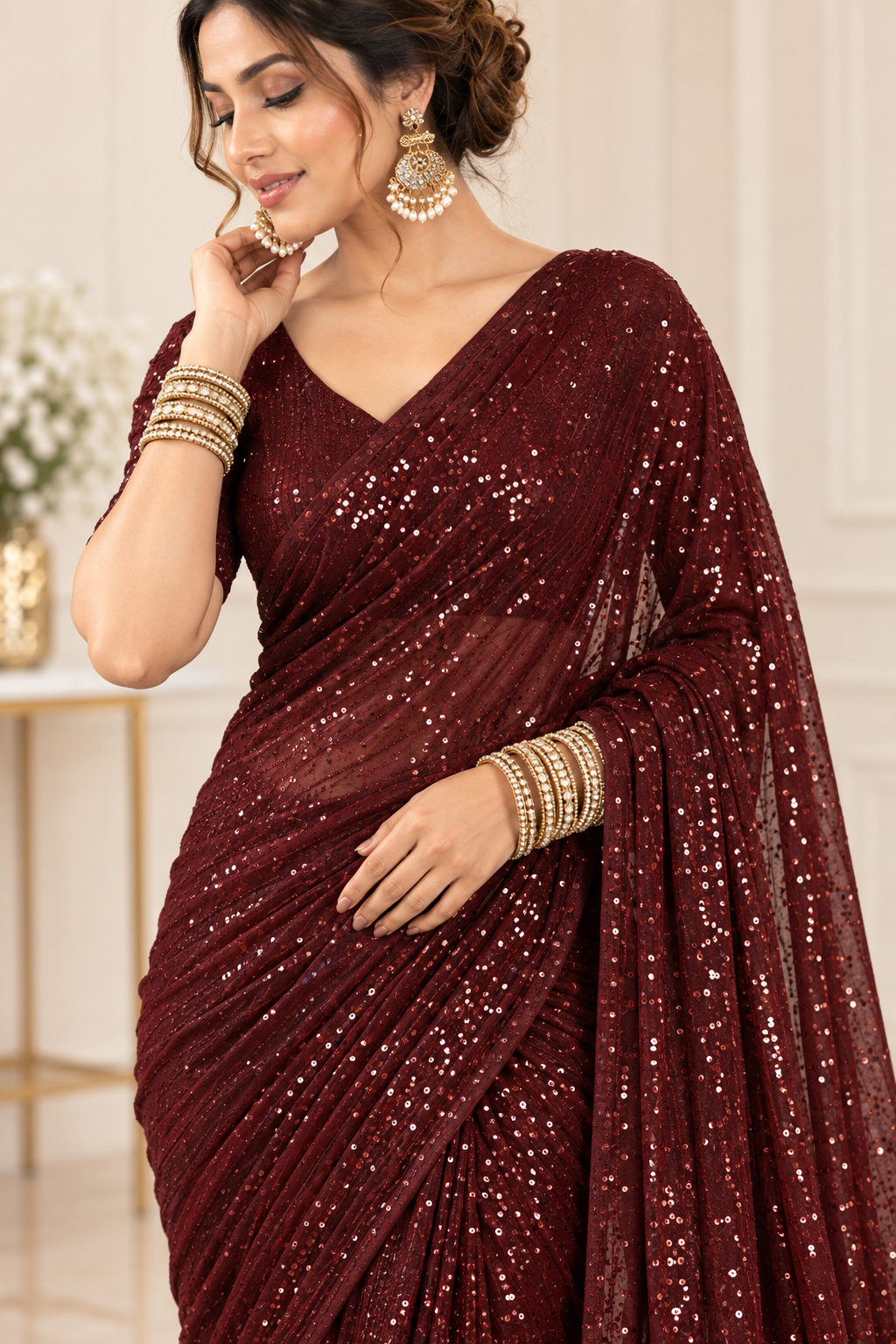 Festive Elegance Maroon Sparkle Georgette Saree