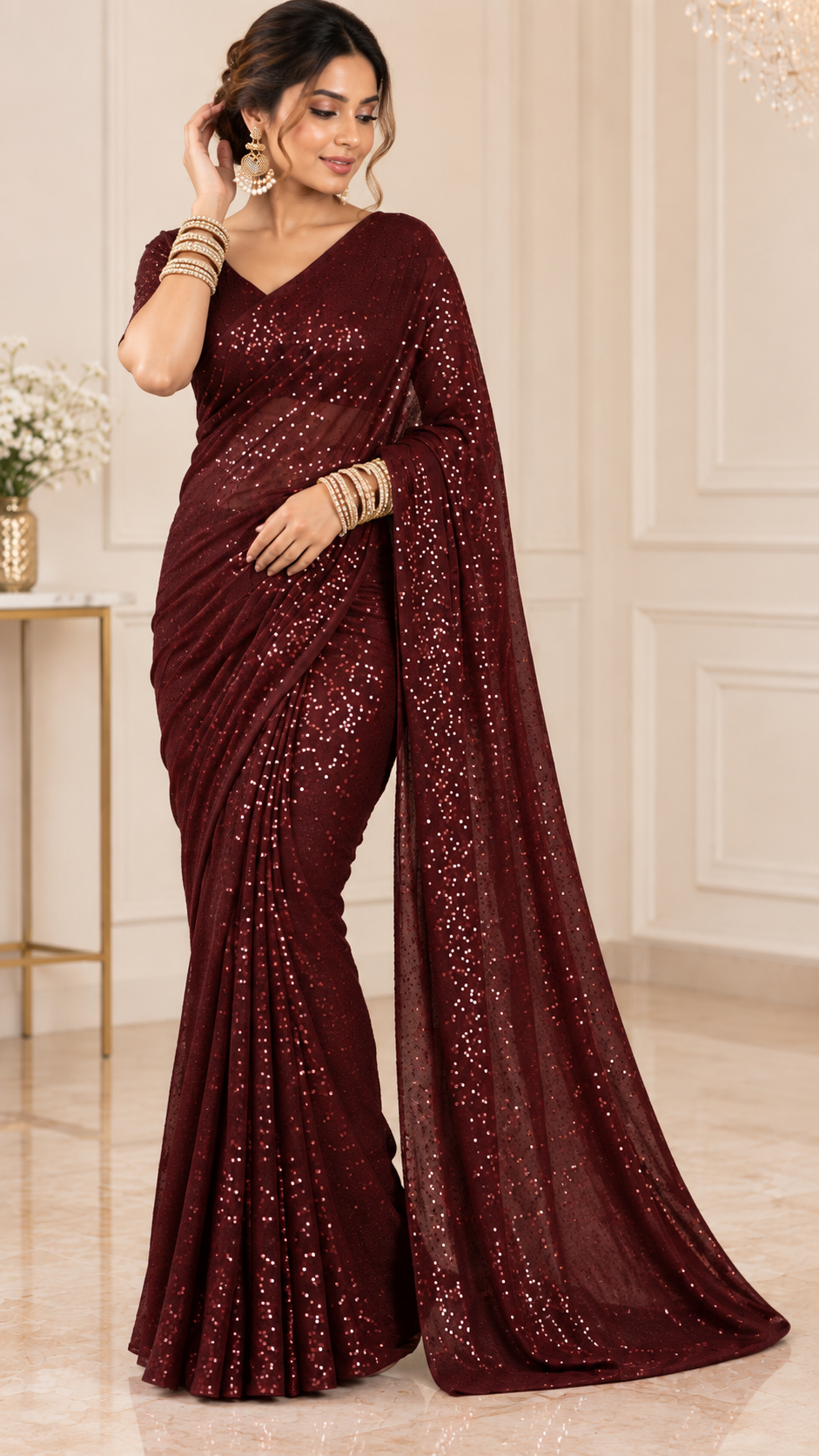 Festive Elegance Maroon Sparkle Georgette Saree