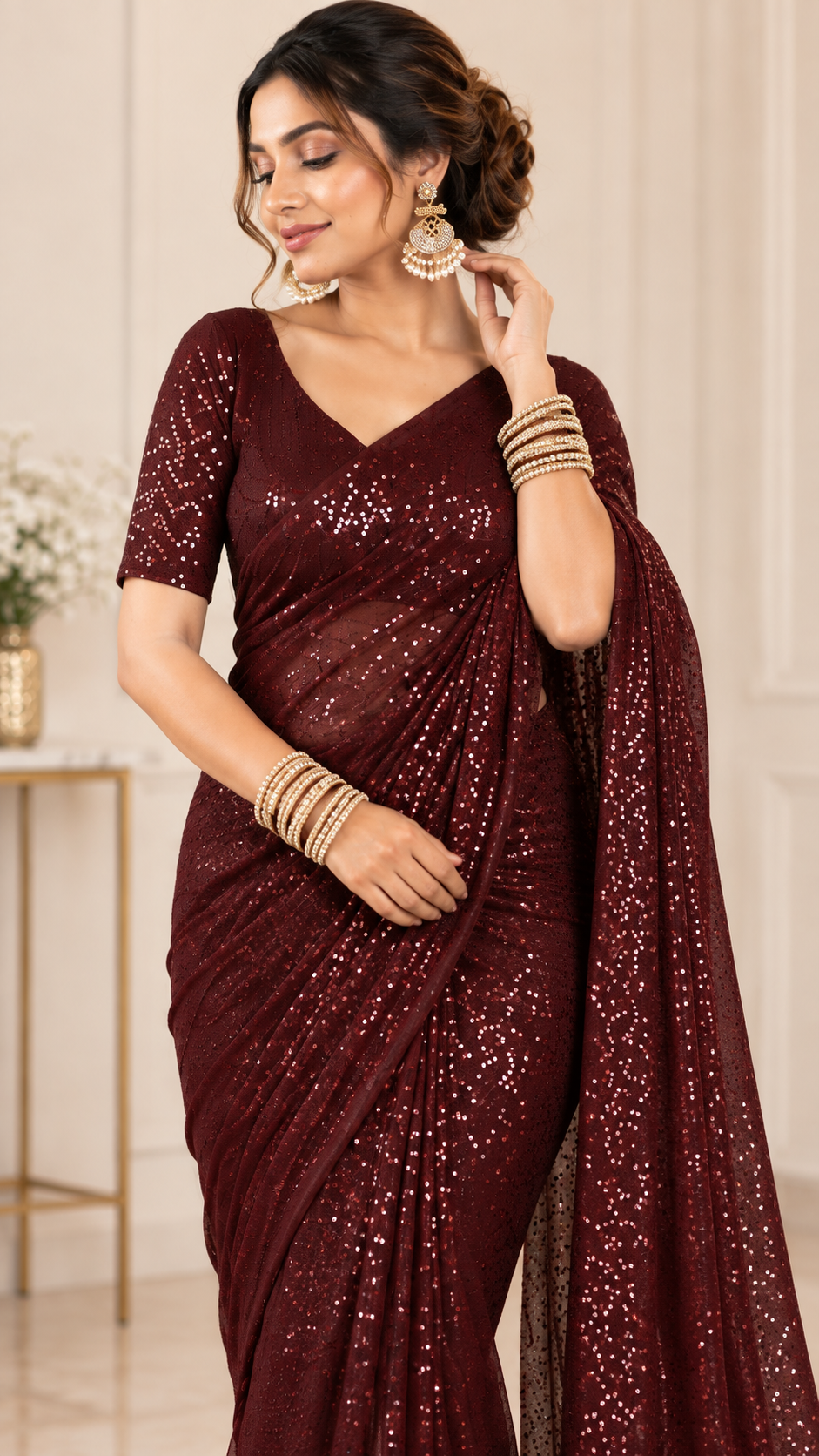Festive Elegance Maroon Sparkle Georgette Saree