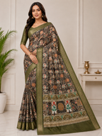 Kalamkari Silk Blend Saree with Zari Border
