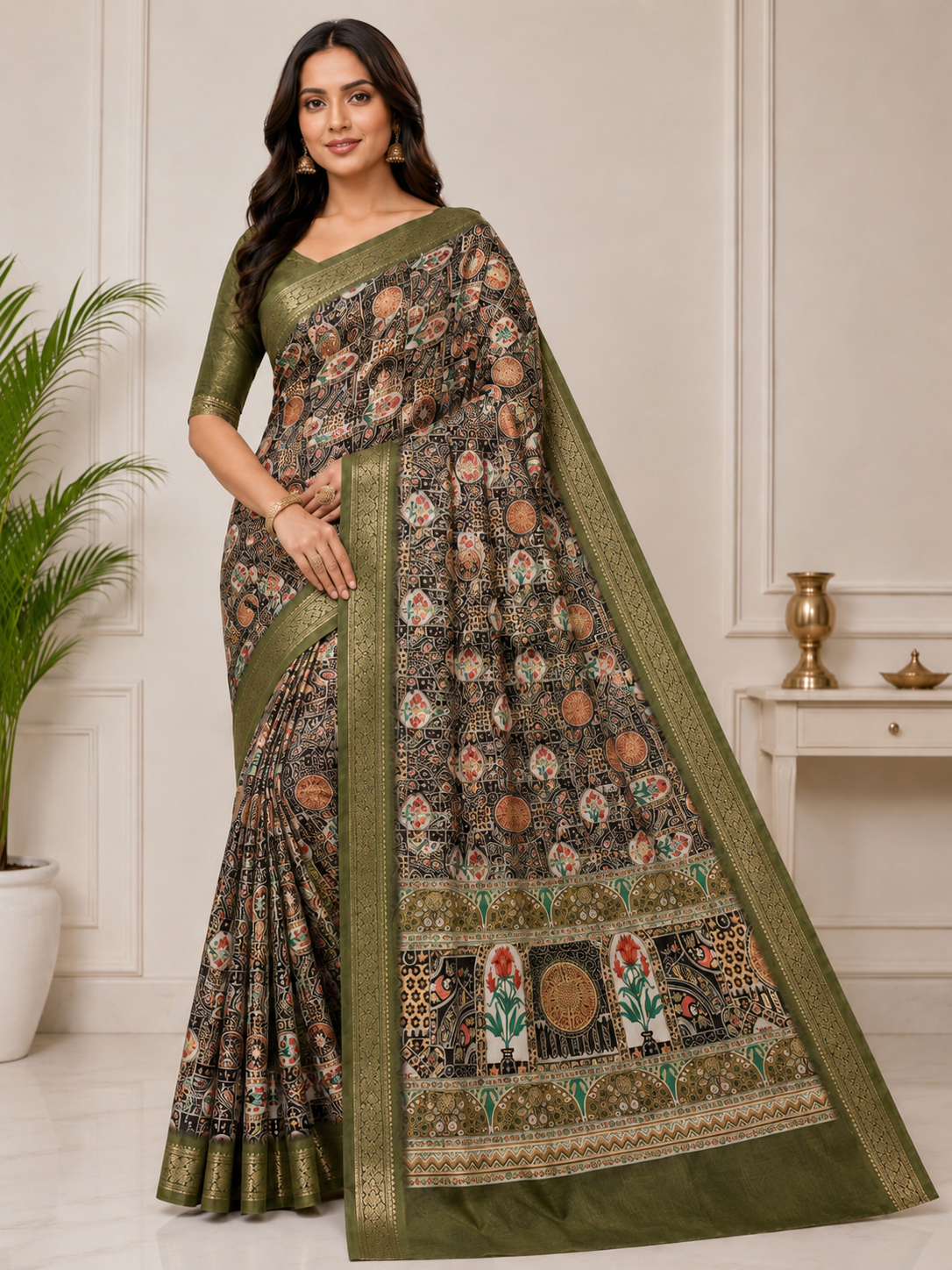 Kalamkari Silk Blend Saree with Zari Border