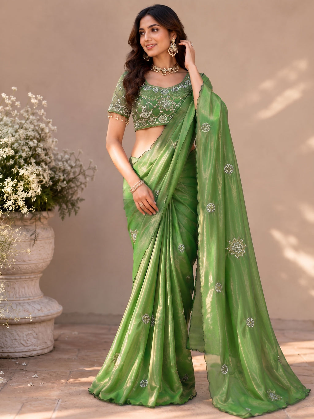 Fandy Satin Silk Handwork Saree with Stitched Blouse