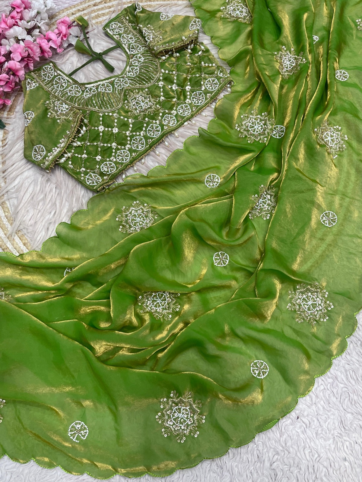 Fandy Satin Silk Handwork Saree with Stitched Blouse