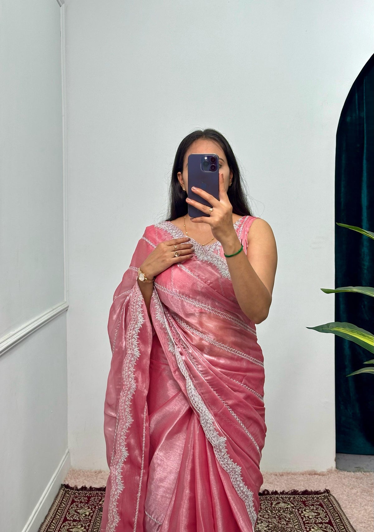 Fantastic Embroidery Zari Work Peach Color Saree
