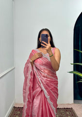 Fantastic Embroidery Zari Work Peach Color Saree