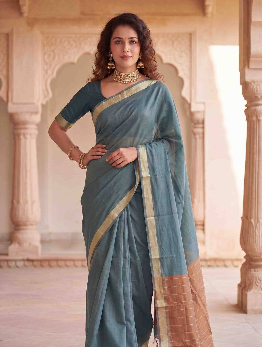 Soft Linen Slub Cotton Saree with Rich Weaving Blouse Main image
