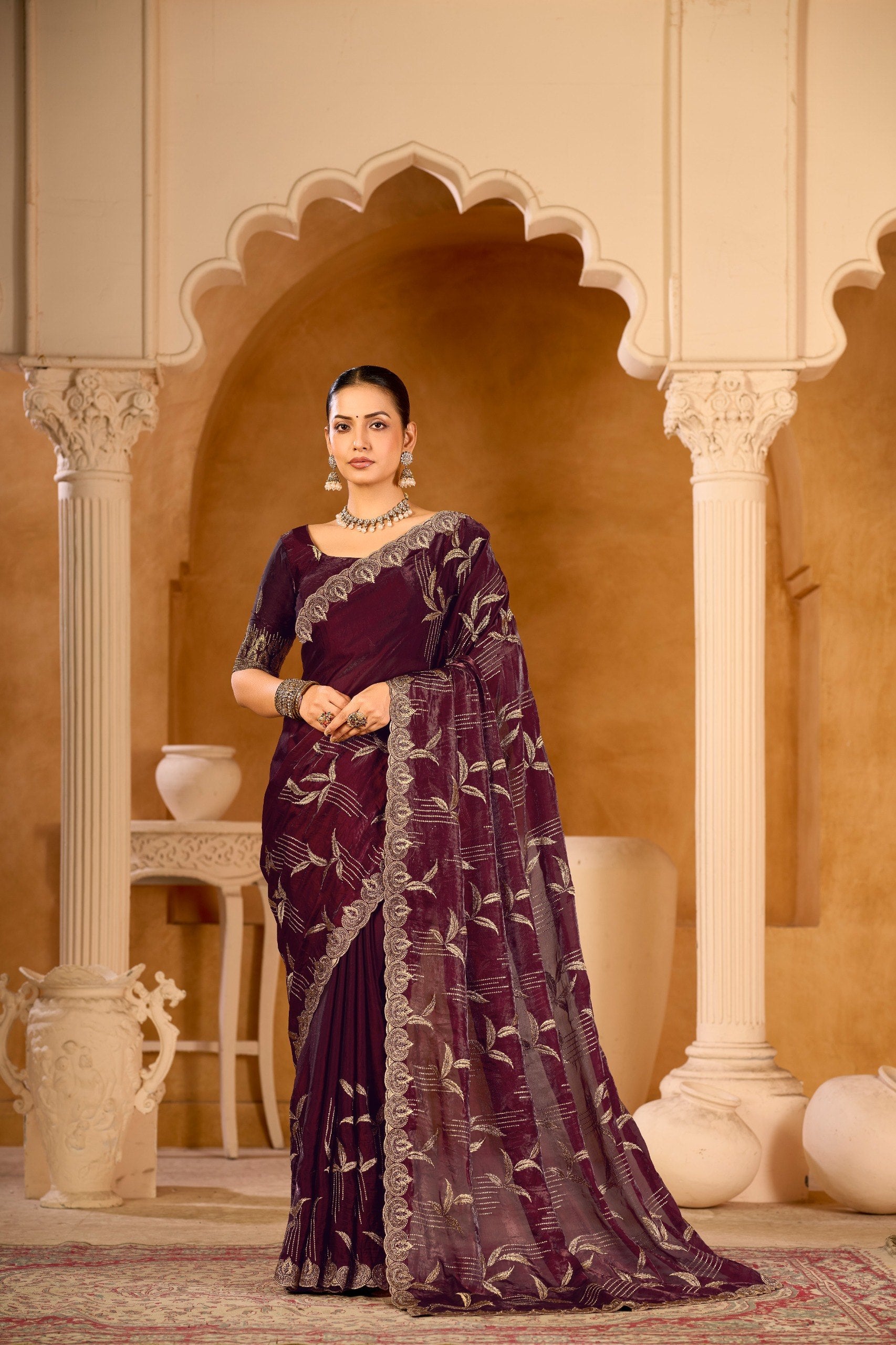 Satin Silk Saree with Double Crystal Embellishments