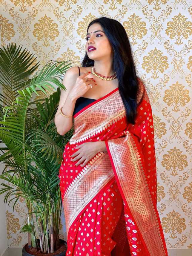 Stunning Jaquard Red Color Silk Saree