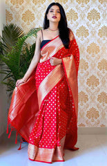 Stunning Jaquard Red Color Silk Saree