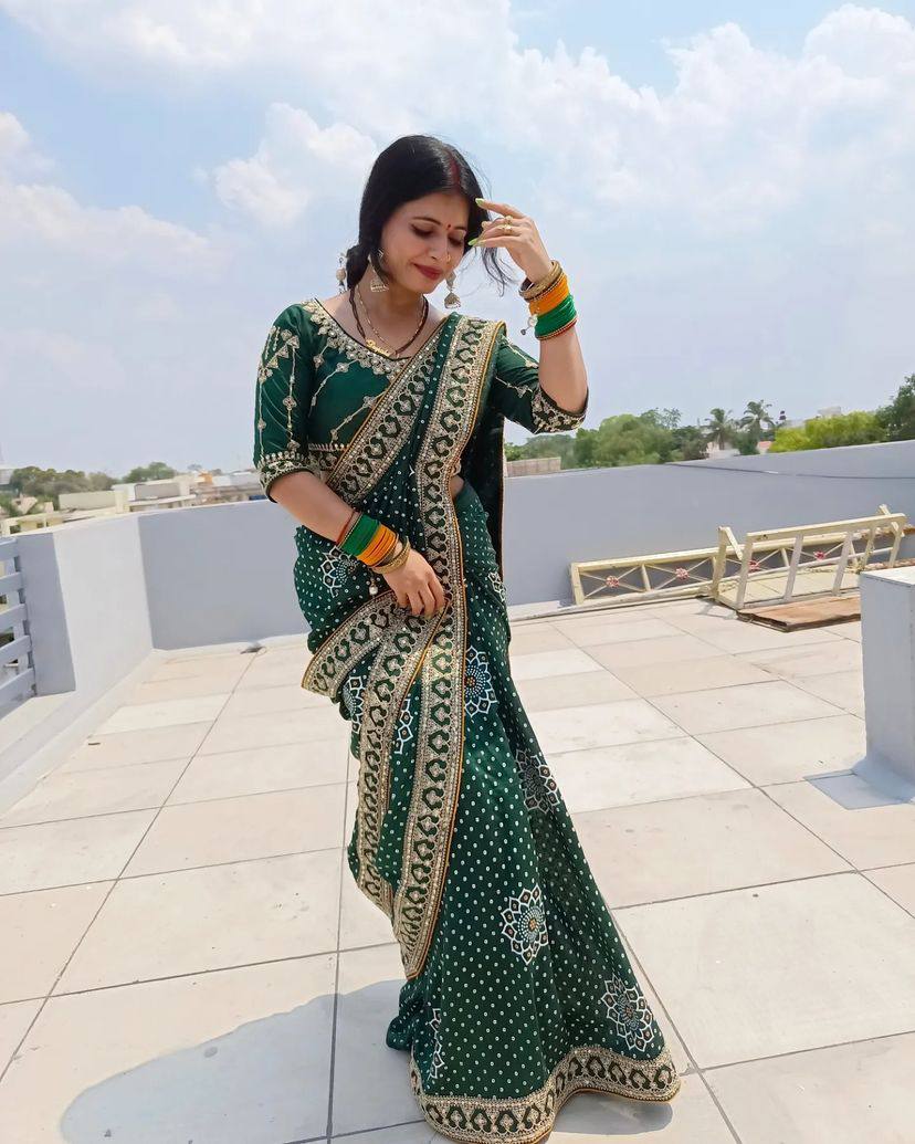 Exotic Bandhani Mehndi Wear Green Color Silk Saree