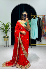 Captivating Faux Georgotte Red Color Saree