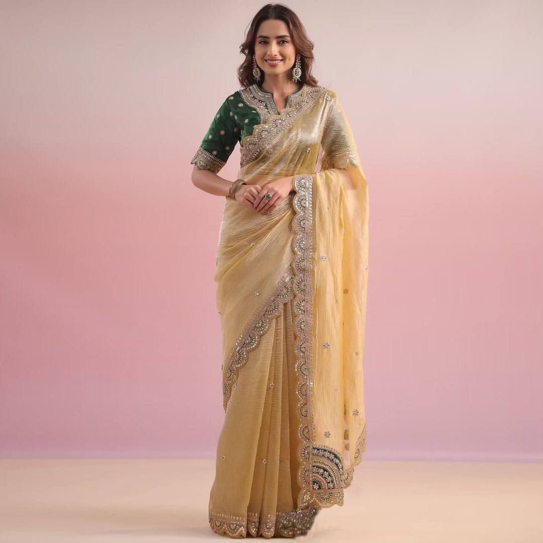 Designer Sequence Yellow Color Saree