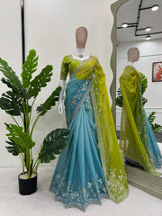 Exclusive Digital Print Sky Blue & Green Color Saree