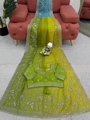 Exclusive Digital Print Sky Blue & Green Color Saree