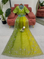 Exclusive Digital Print Sky Blue & Green Color Saree