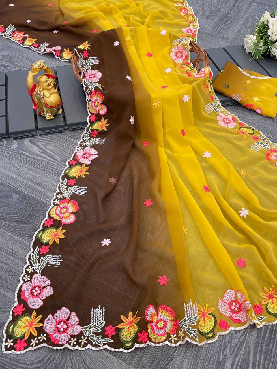 Stunning Sequence Work Multi Brown & Yellow Colour Saree